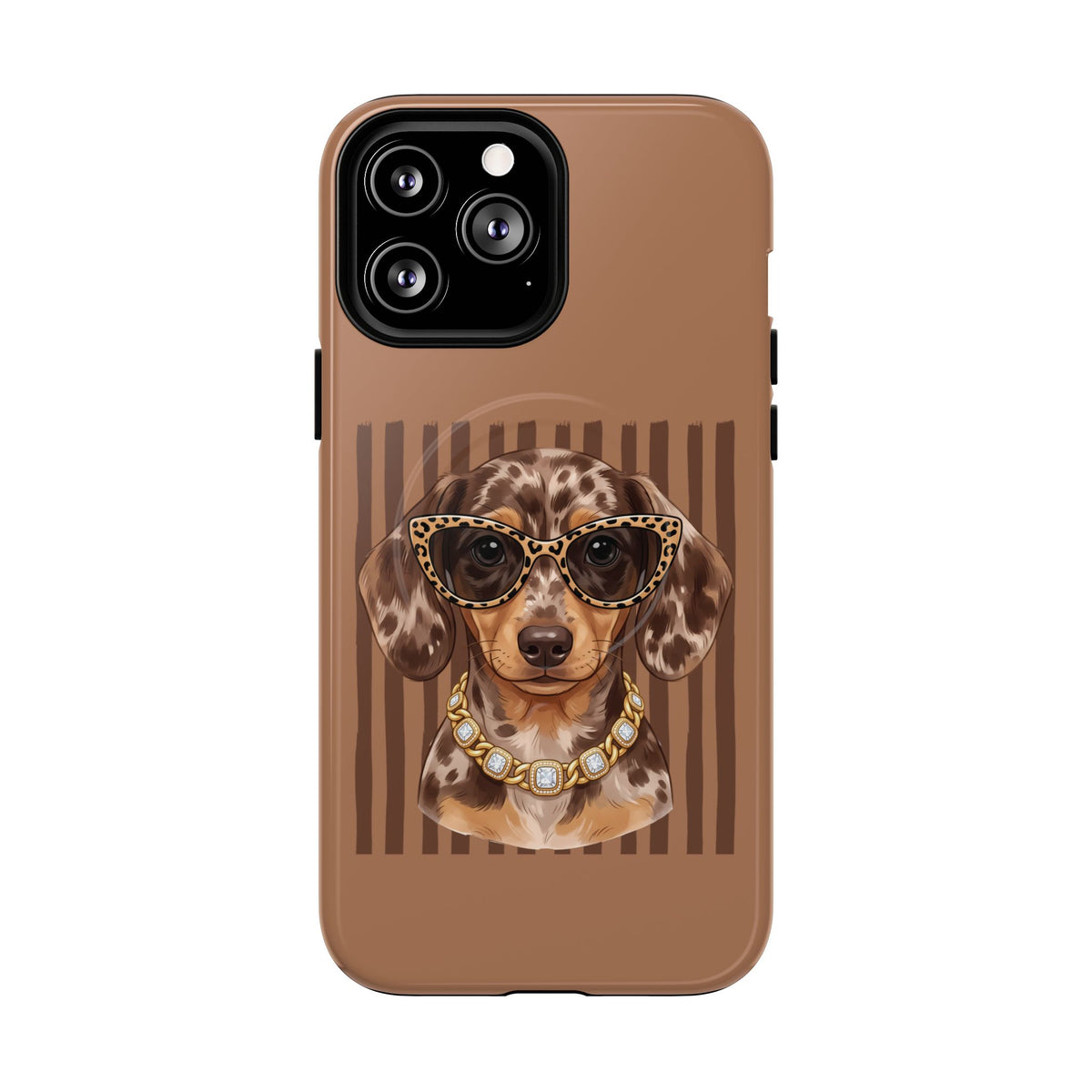 Dachshund Glam Phone Case — Leopard Glasses & Pearl Necklace, Brown Tough Protective Magnetic Cover