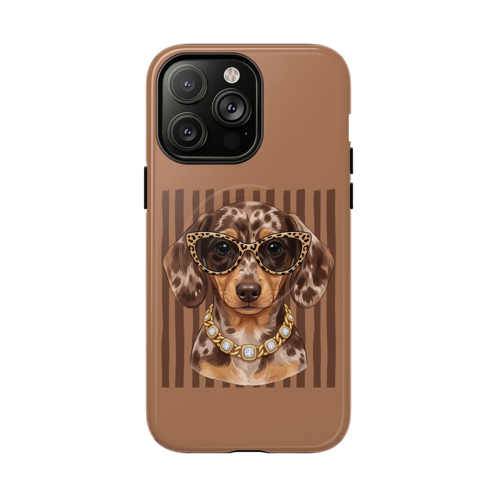 Dachshund Glam Phone Case — Leopard Glasses & Pearl Necklace, Brown Tough Protective Magnetic Cover