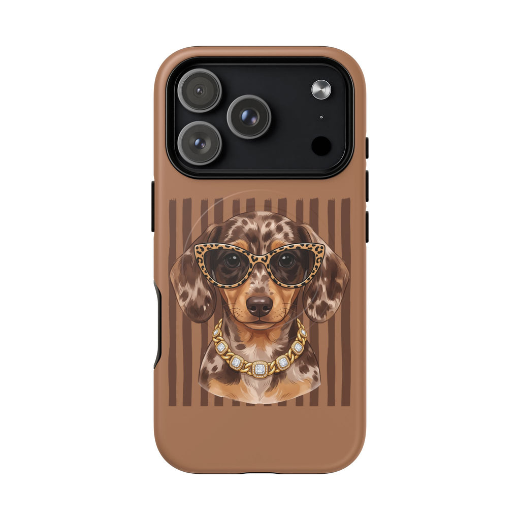Dachshund Glam Phone Case — Leopard Glasses & Pearl Necklace, Brown Tough Protective Magnetic Cover