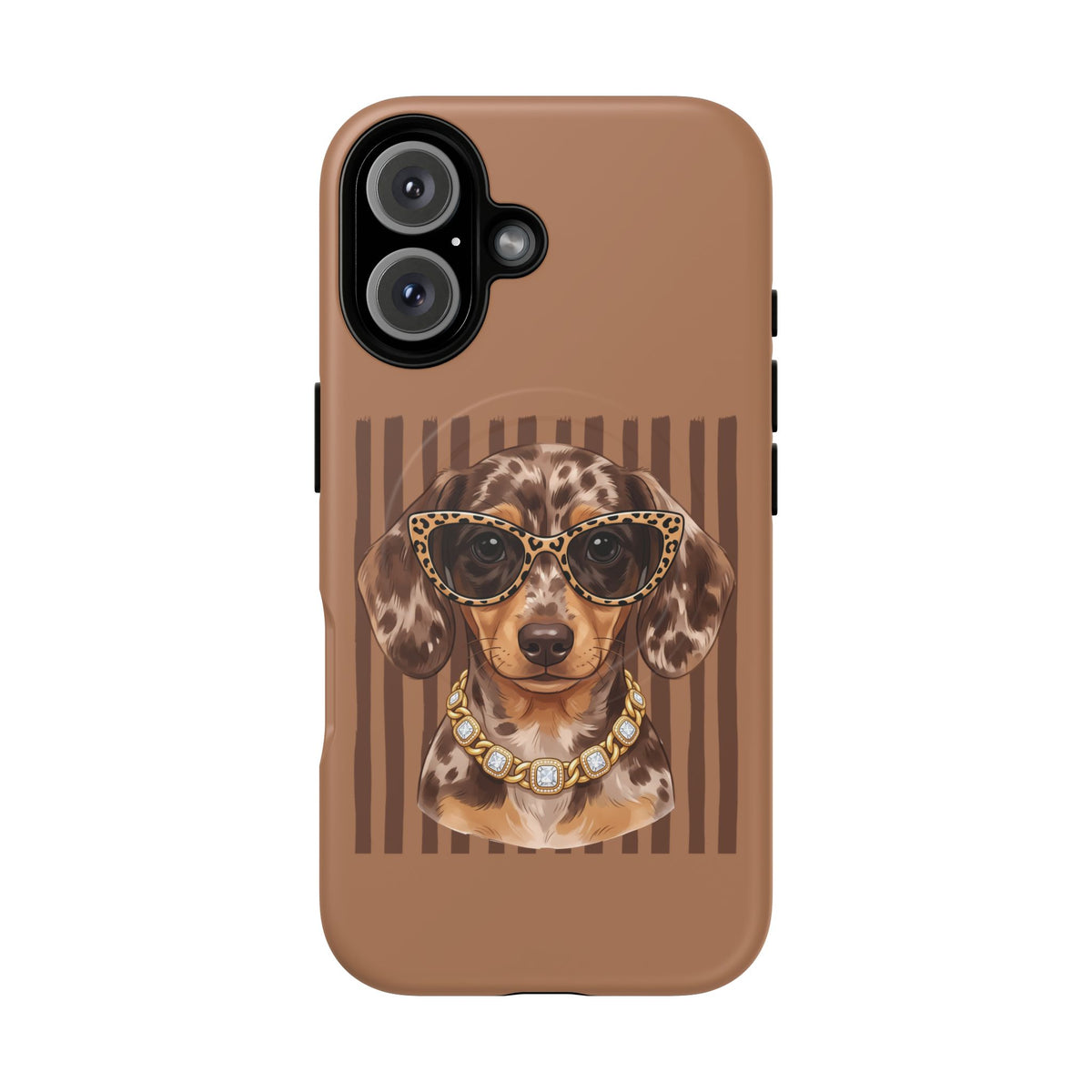Dachshund Glam Phone Case — Leopard Glasses & Pearl Necklace, Brown Tough Protective Magnetic Cover