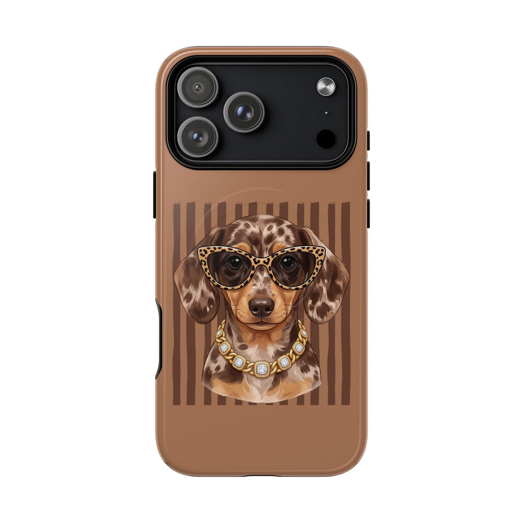 Dachshund Glam Phone Case — Leopard Glasses & Pearl Necklace, Brown Tough Protective Magnetic Cover